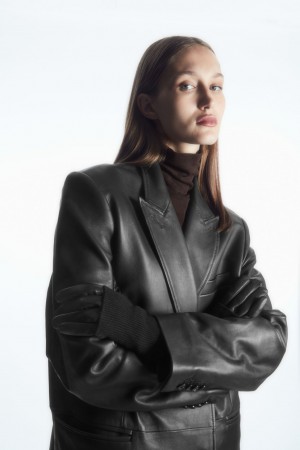 Women's COS Layered Leather Gloves Black NZ-13MZDAPRV
