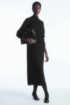 Women's COS Lightweight Merino-Wool Turtleneck Dress Black NZ-06ZDPMGEV