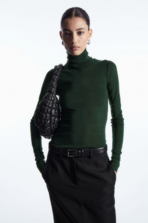 Women's COS Merino Wool Turtleneck Top Sweaters Dark Green NZ-74FUMYCIW