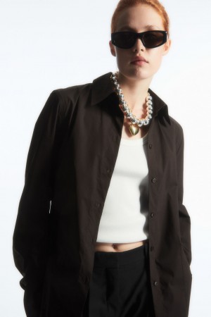 Women's COS Oversized Cotton-Blend Shirts Dark Brown NZ-10RUWKIAD
