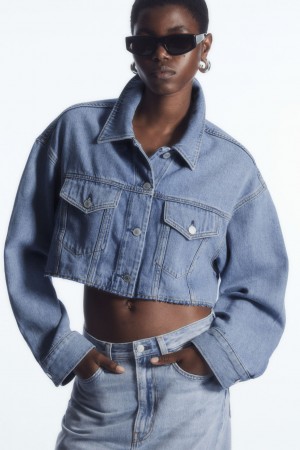 Women's COS Oversized Cropped Denim Overshirt Shirts Light Blue NZ-72DTOCQWF