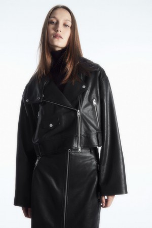 Women's COS Oversized Cropped Leather Biker Jackets Black NZ-75OHLJCVS