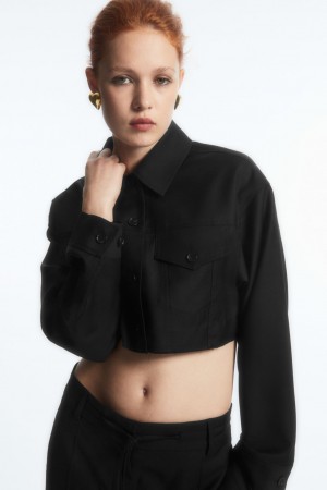 Women's COS Oversized Cropped Wool Overshirt Shirts Black NZ-81ITFXCUD