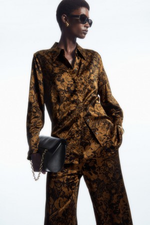 Women's COS Oversized Floral-Print Satin Shirts Brown NZ-32ZMFXBLD