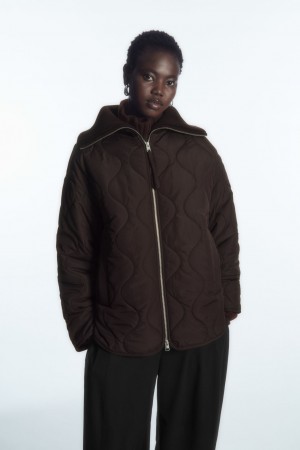 Women's COS Oversized Knitted-Collar Quilted Jackets Dark Brown NZ-56WQFGEXR