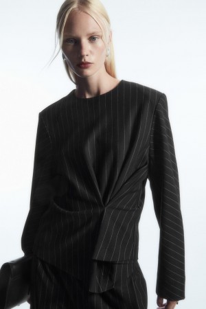 Women's COS Pinstriped Draped Tops Black NZ-25WTFAYJB