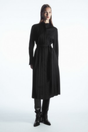 Women's COS Pleated Wool-Blend Dress Black NZ-52LUYMHOP