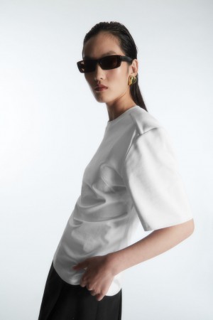 Women's COS Power-Shoulder Waisted T-Shirt White NZ-70HVPYXKJ