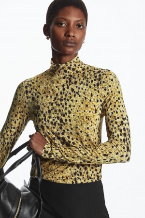 Women's COS Printed High-Neck Tops Yellow / Brown NZ-13AKCINXU