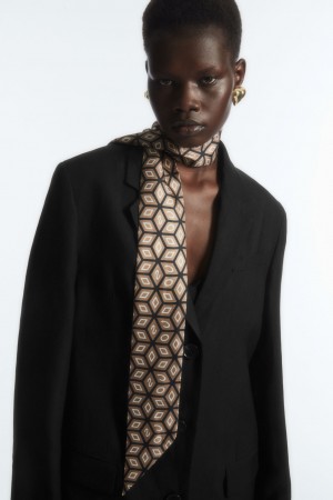 Women's COS Printed Pure Silk Scarf Dark Beige / Black NZ-78PSRYNIO