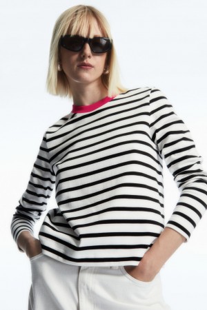 Women's COS Regular-Fit Heavyweight Long-Sleeved T-Shirt Black / White NZ-19FOULSQE