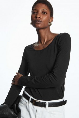 Women's COS Scoop-Neck Long-Sleeved Tops Black NZ-89ZVHEYUW