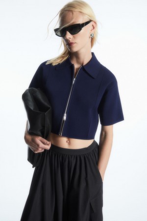 Women's COS Short-Sleeved Cropped Knitted Jackets Navy NZ-34BUVNWZP