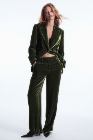 Women's COS Silk-Blend Velvet Straight-Leg Pants Dark Green NZ-30KHNWEOA