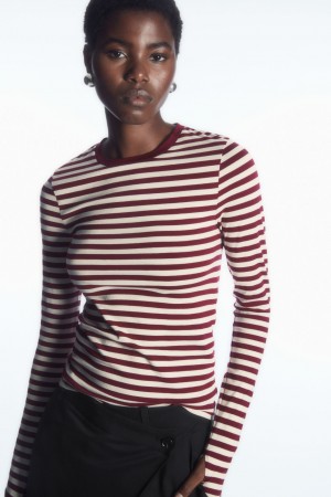 Women's COS Slim-Fit Long-Sleeve Tops White / Burgundy NZ-04EXNMFYZ