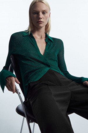 Women's COS Sparkly Ribbed-Knit Shirts Dark Green NZ-91OPSXKEQ
