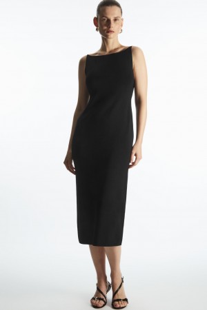 Women's COS Square-Neck Knitted Midi Slip Dress Black NZ-75AYRBLNV