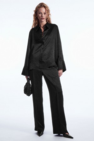 Women's COS Straight-Leg Crinkled-Satin Pants Black NZ-70UKCTWHG