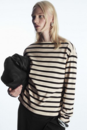 Women's COS Striped Boat-Neck Long-Sleeved Tops Navy / White NZ-78APSQXVJ