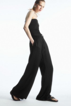 Women's COS Textured Wide-Leg Drawstring Pants Black NZ-30ASIVMLZ