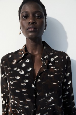 Women's COS The Feather-Print Silk Shirts Black NZ-31NUXKDZL
