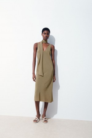 Women's COS The Silk Dress Dark Beige NZ-89ZXDKOIB