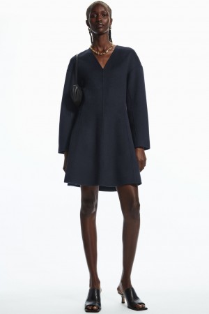 Women's COS V-Neck Double-Faced Wool Dress Navy NZ-47JRHUXQL