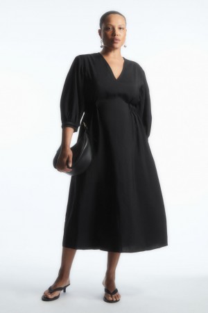 Women's COS Voluminous V-Neck Dress Black NZ-02DBHAGNZ