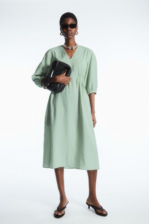 Women's COS Voluminous V-Neck Dress Light Green NZ-43FIHAZYC