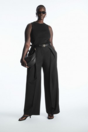Women's COS Wide-Leg Pleated Wool Pants Black NZ-68FQETMPA