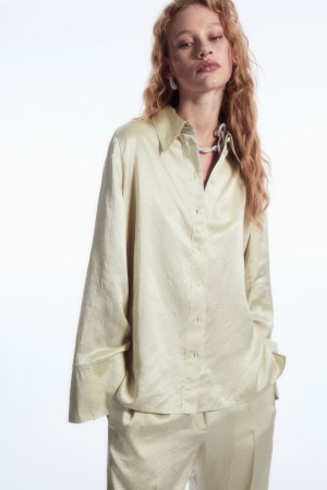 Women's COS Wide-Sleeve Crinkled-Satin Shirts Cream NZ-46RZVSKWQ
