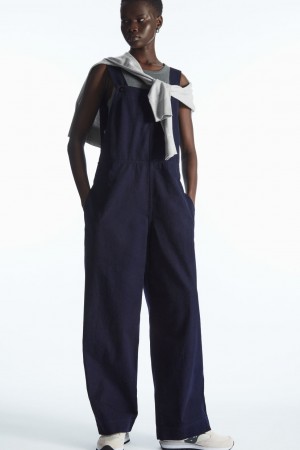 Women's COS Wrap-Back Wide-Leg Dungarees Pants Navy NZ-60NLHEOZT