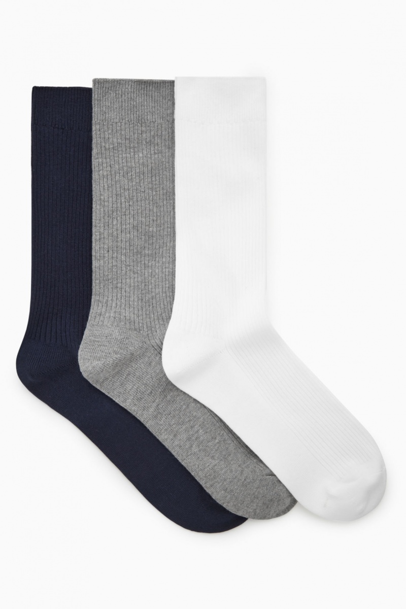Men's COS 3-Pack Ribbed Socks Navy / Grey / White NZ-08RPUOBWK