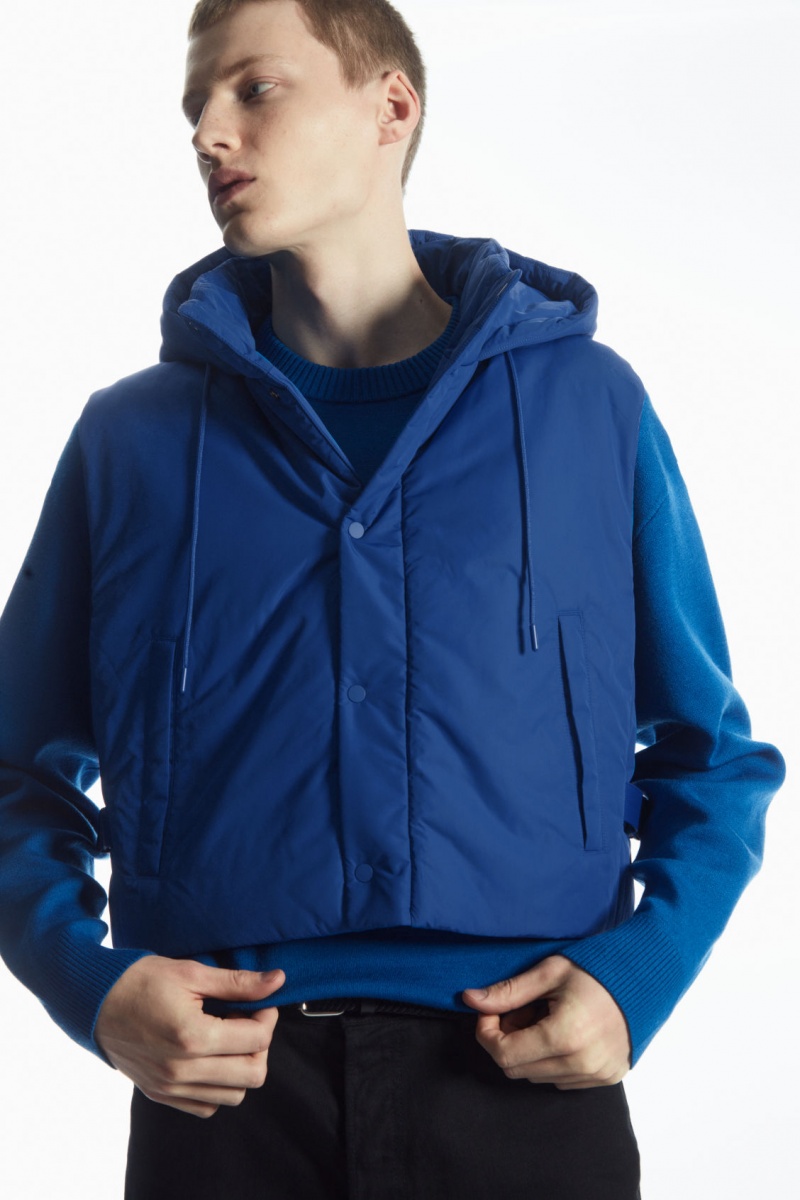 Men's COS Buckled-Side Padded Hooded Gilet Coats Light Blue NZ-84OBFDMGQ