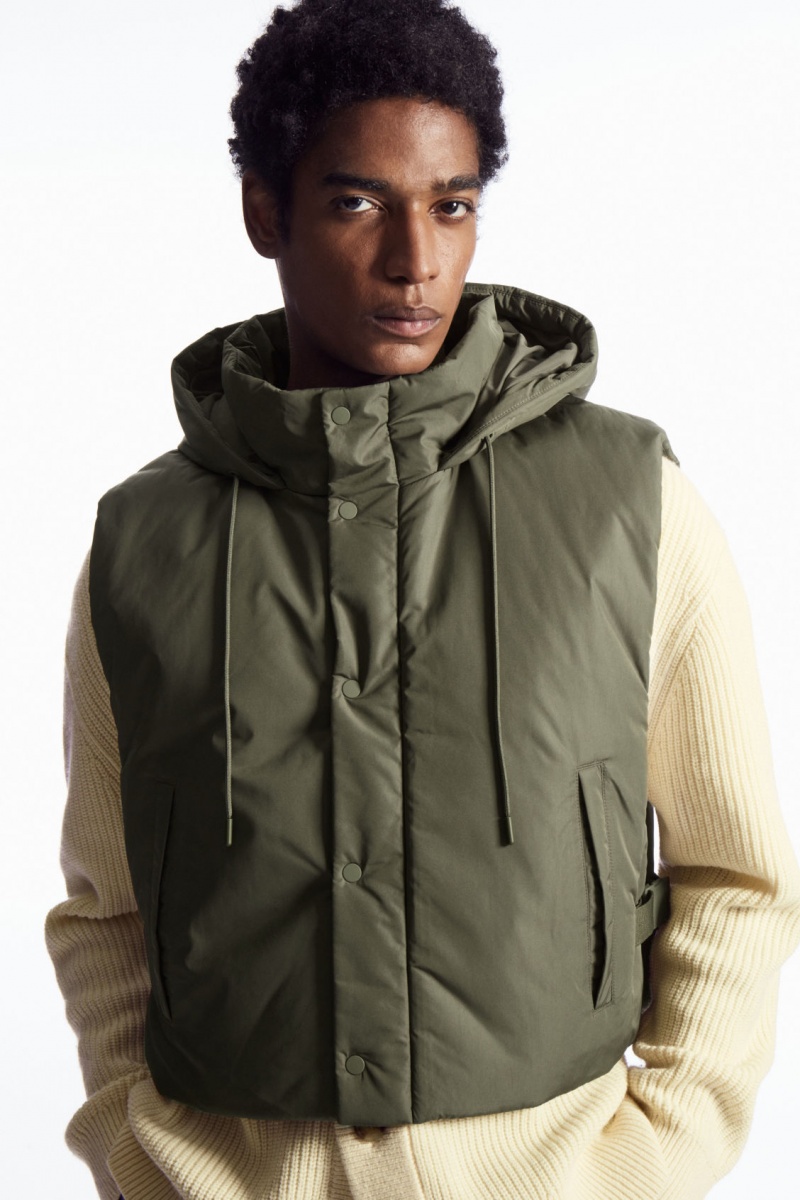 Men's COS Buckled-Side Padded Hooded Vest Dark Green NZ-63AZLFYQK