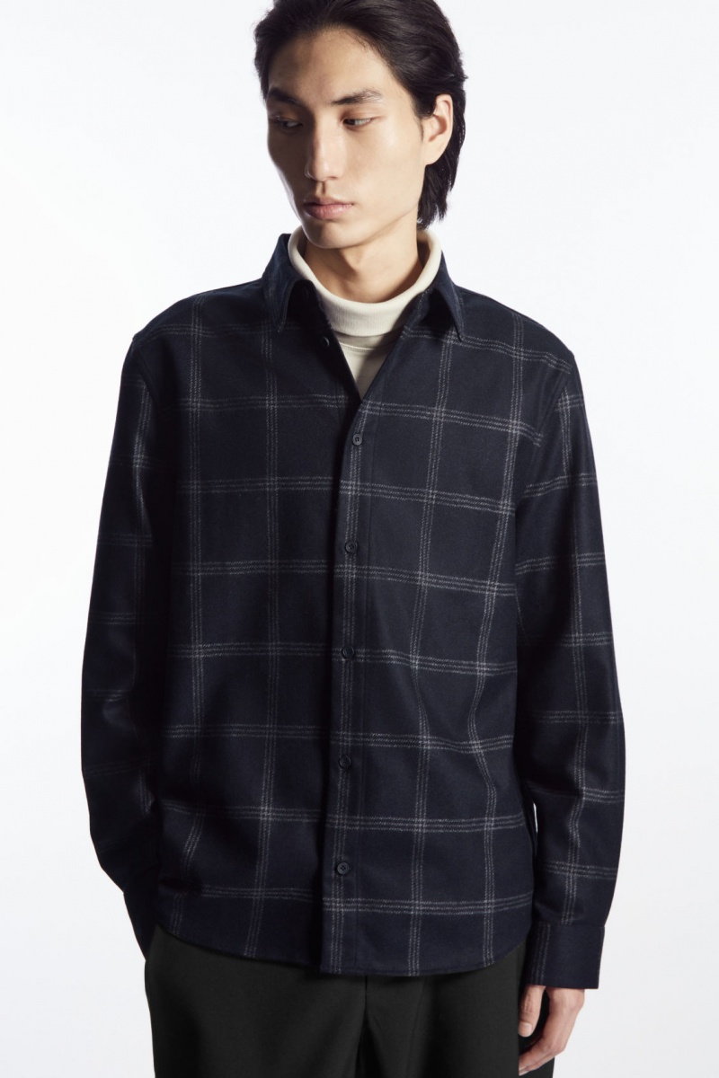 Men's COS Checked Wool Shirts Navy NZ-49PGZEYAK