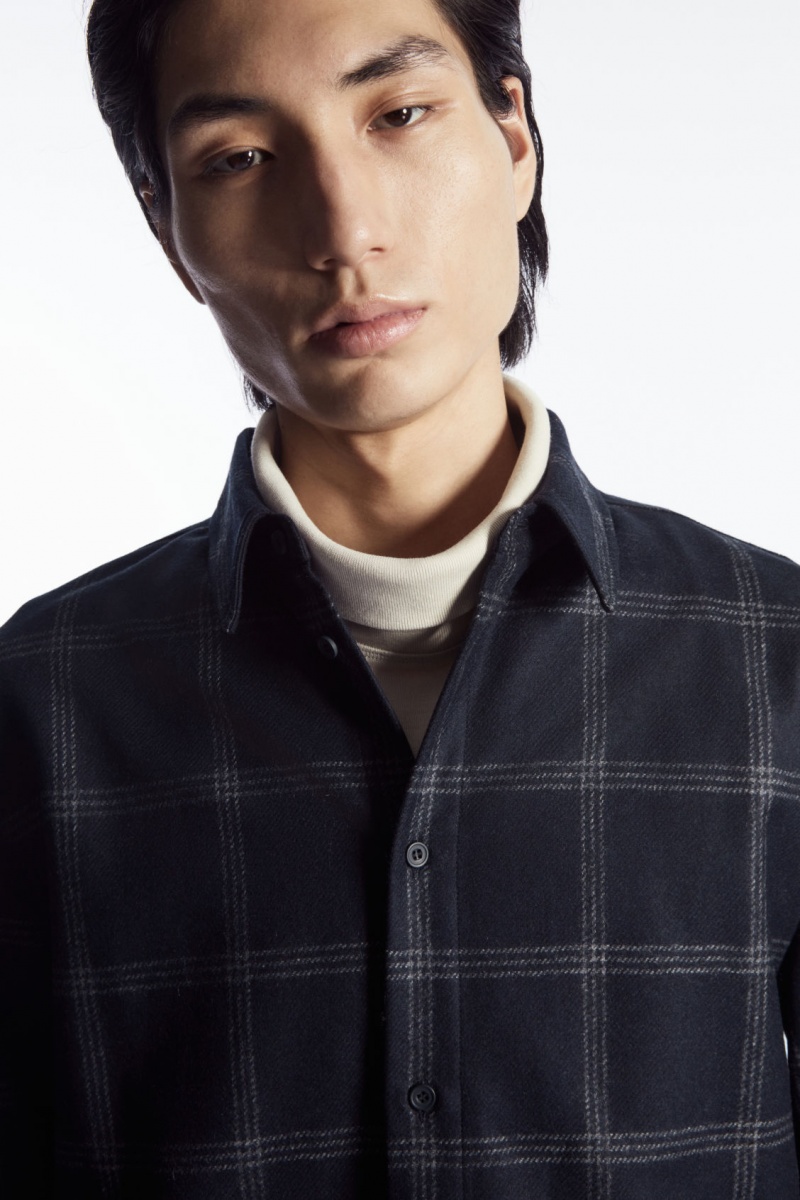 Men's COS Checked Wool Shirts Navy NZ-49PGZEYAK
