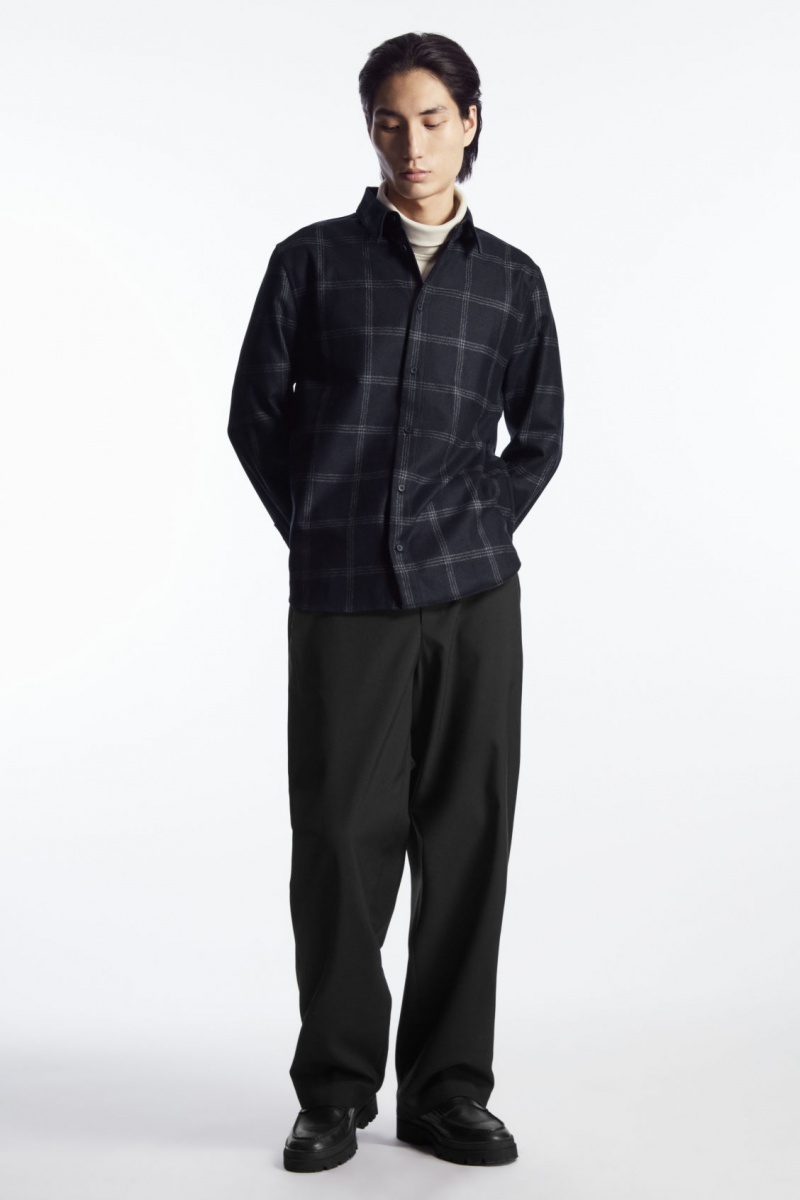 Men\'s COS Checked Wool Shirts Navy NZ-49PGZEYAK
