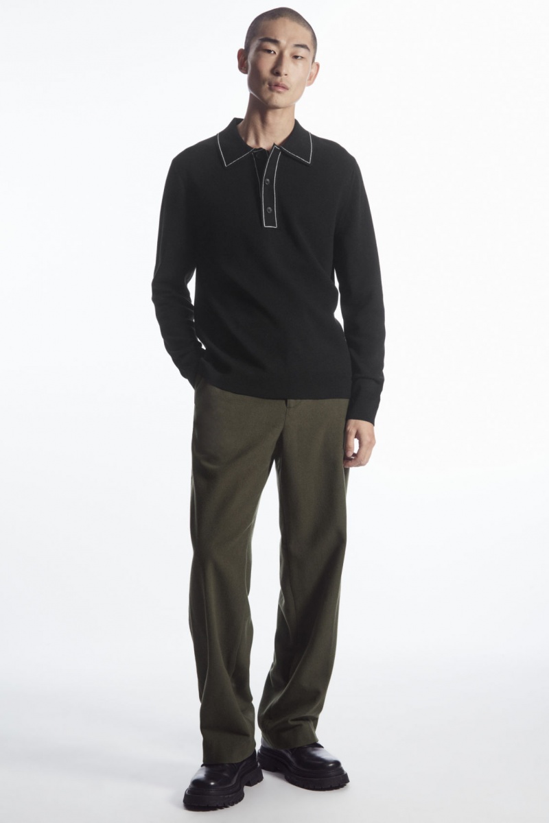 Men's COS Contrast-Stitch Wool Polo Shirts Black / White NZ-29AWMOULG