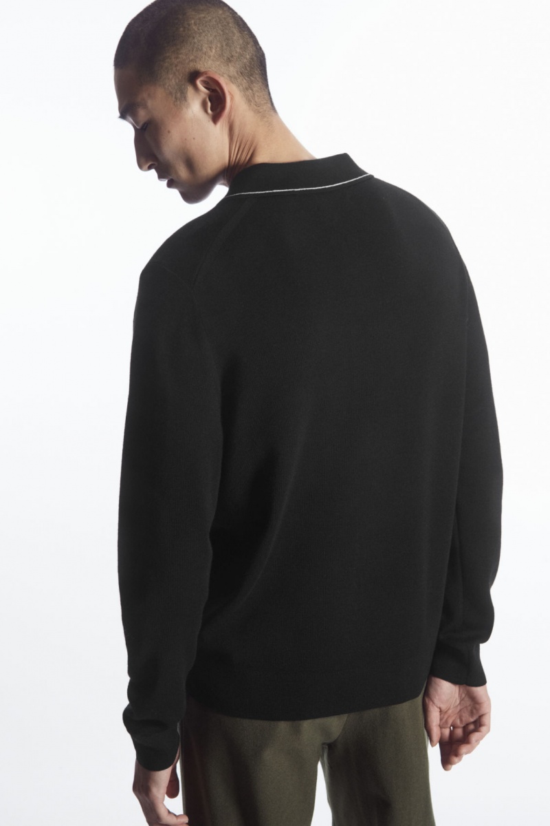 Men's COS Contrast-Stitch Wool Polo Shirts Black / White NZ-29AWMOULG