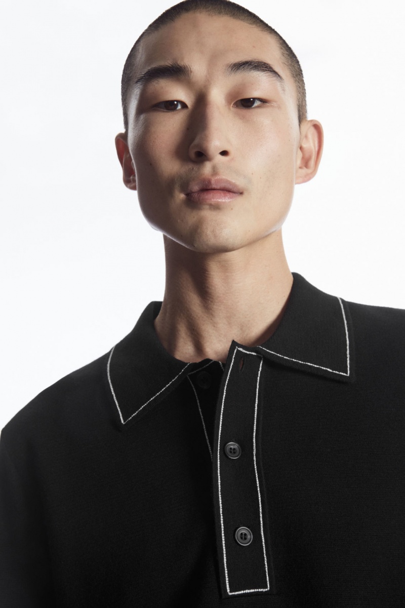 Men's COS Contrast-Stitch Wool Polo Shirts Black / White NZ-29AWMOULG