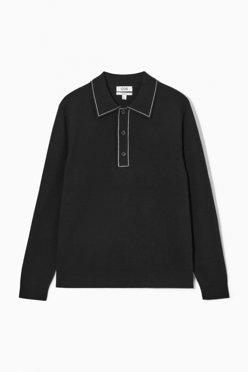 Men's COS Contrast-Stitch Wool Polo Shirts Black / White NZ-29AWMOULG