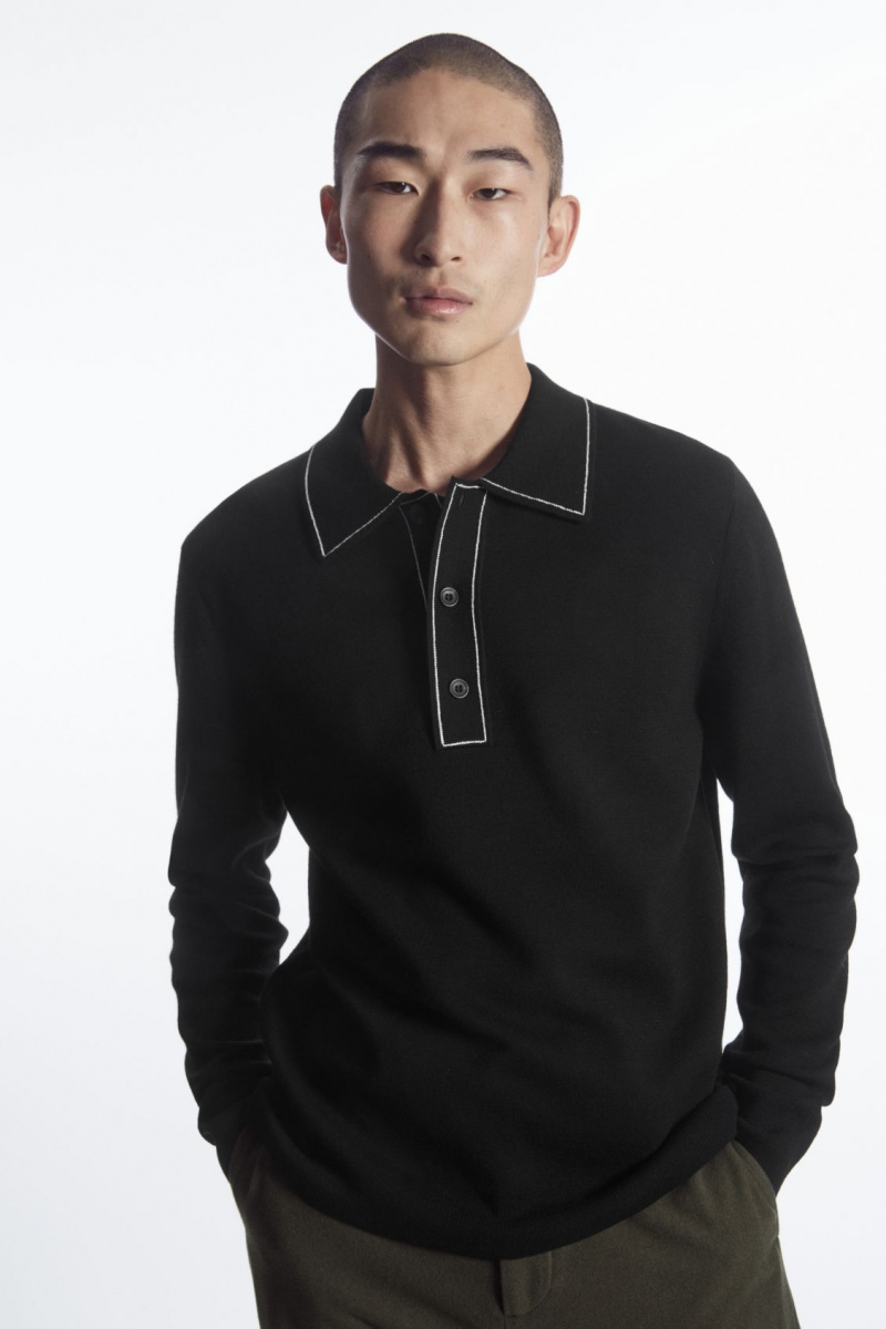 Men\'s COS Contrast-Stitch Wool Polo Shirts Black / White NZ-29AWMOULG