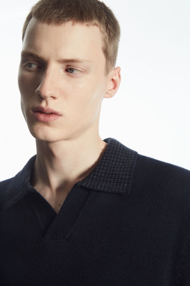Men's COS Contrast-Tipped Merino Polo Shirts Navy / Grey NZ-93NMPVIWE