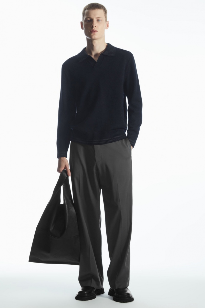Men's COS Contrast-Tipped Merino Polo Shirts Navy / Grey NZ-93NMPVIWE