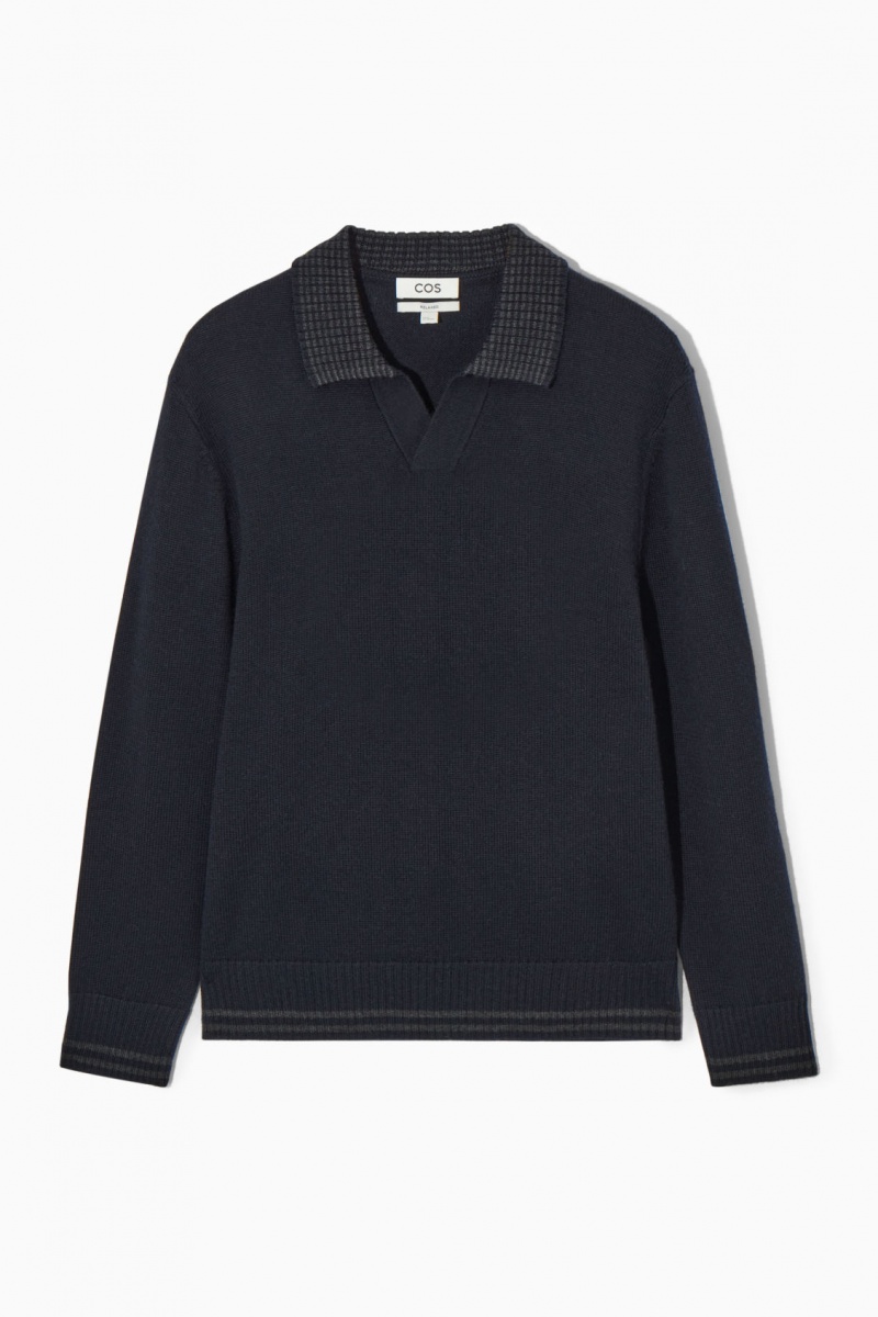 Men's COS Contrast-Tipped Merino Polo Shirts Navy / Grey NZ-93NMPVIWE