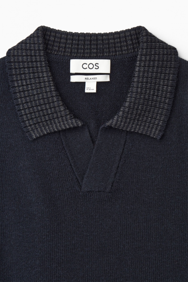 Men's COS Contrast-Tipped Merino Polo Shirts Navy / Grey NZ-93NMPVIWE