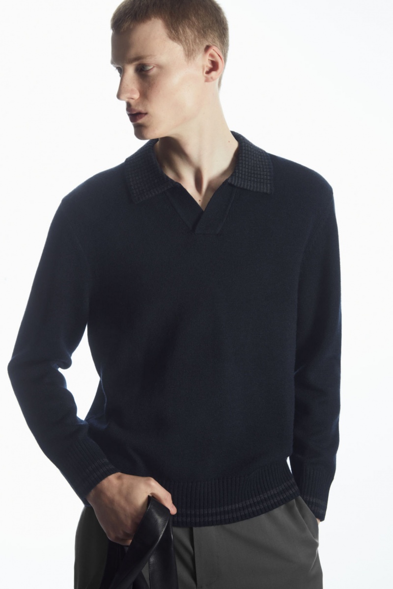 Men\'s COS Contrast-Tipped Merino Polo Shirts Navy / Grey NZ-93NMPVIWE
