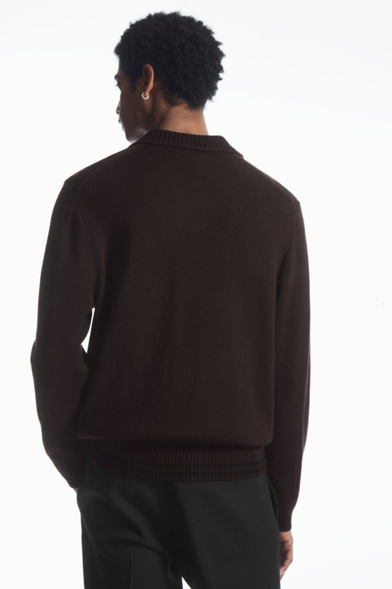 Men's COS Contrast-Tipped Merino Polo Shirts Dark Brown NZ-15UDCMVYP