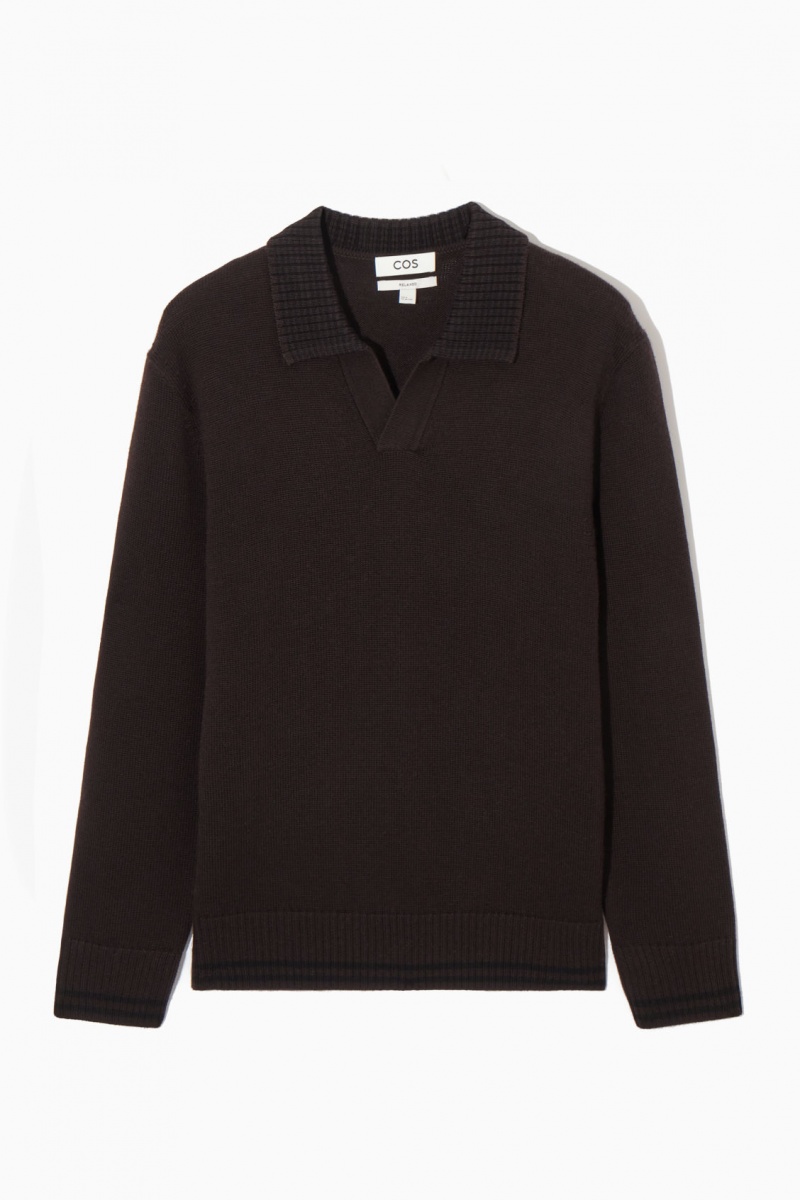 Men's COS Contrast-Tipped Merino Polo Shirts Dark Brown NZ-15UDCMVYP
